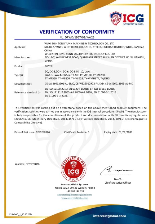 ICG Intercert Global Verification of Conformity for Wuxi Shin Tong Yunn dryer. Certificate number DPWD/1967/02/KA/26. References EU directives 2006/42/EC (Machinery), 2014/35/EU (LVD), 2014/30/EU (EMC). Valid until 01/02/2031.