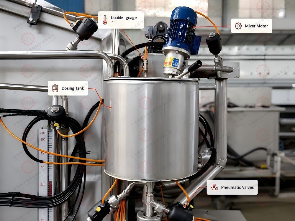 Quantitative dosing tank with temperature measurement and pneumatic valves for hank dyeing machine