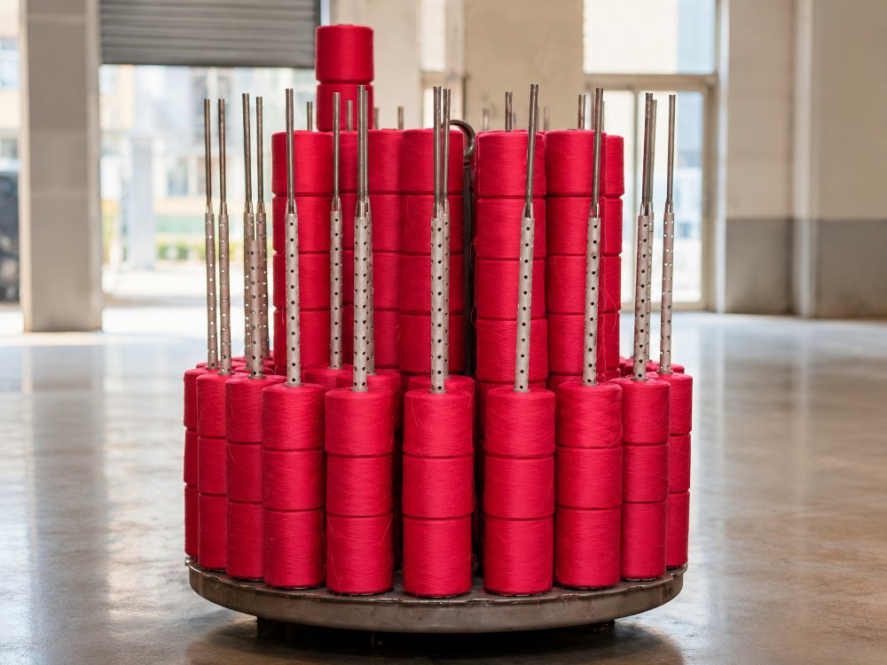 Package yarn carrier loaded with red cone yarn for dyeing