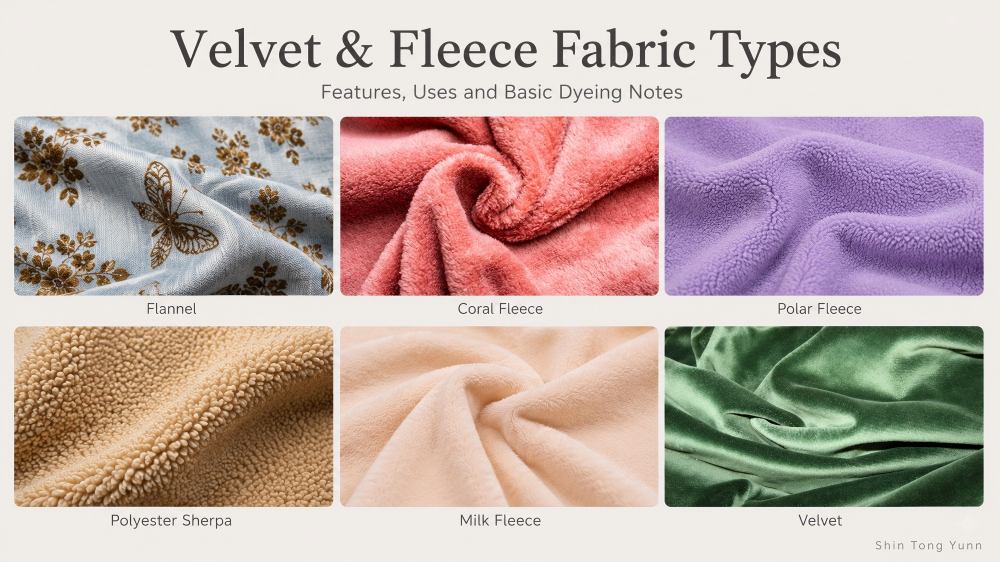 Velvet and fleece fabric types showing flannel, coral fleece, polar fleece, polyester sherpa, milk fleece and velvet