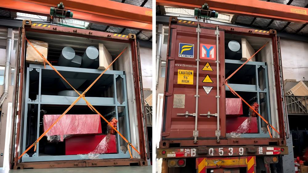 DC-6 hank yarn dryer secured inside container for export shipment