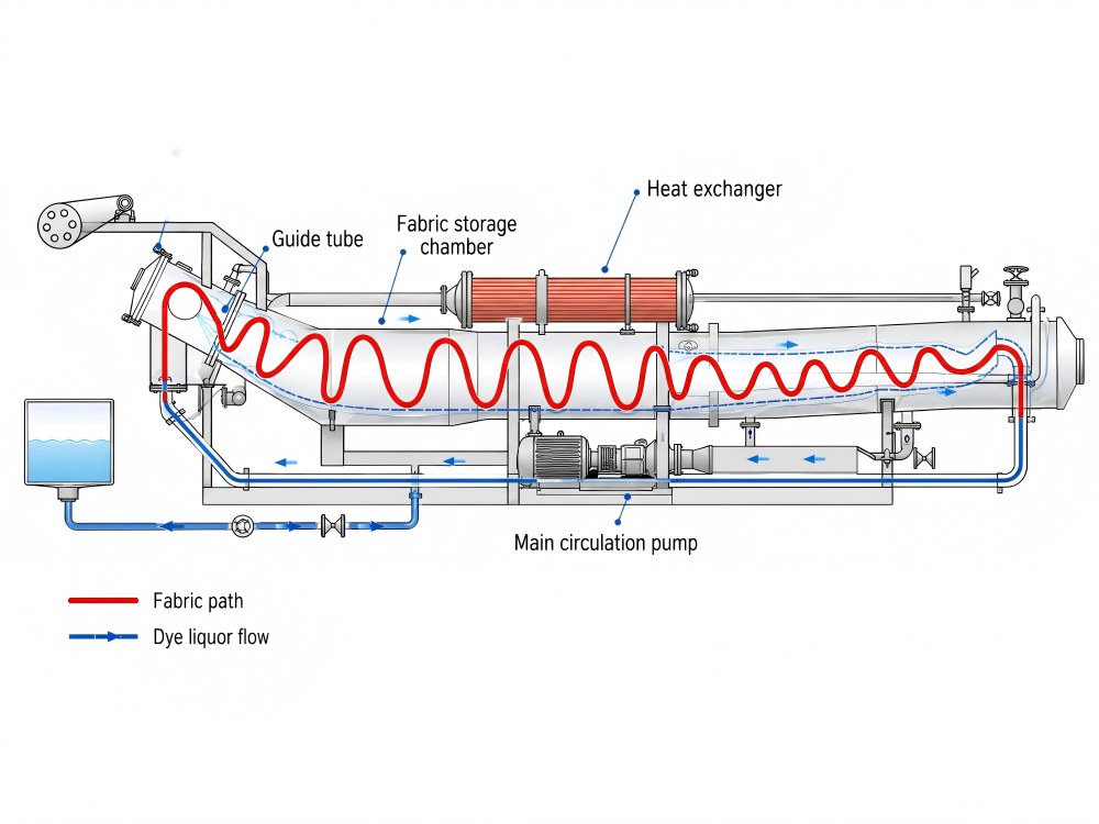 Down-running long tube fabric path diagram for overflow jet dyeing machine